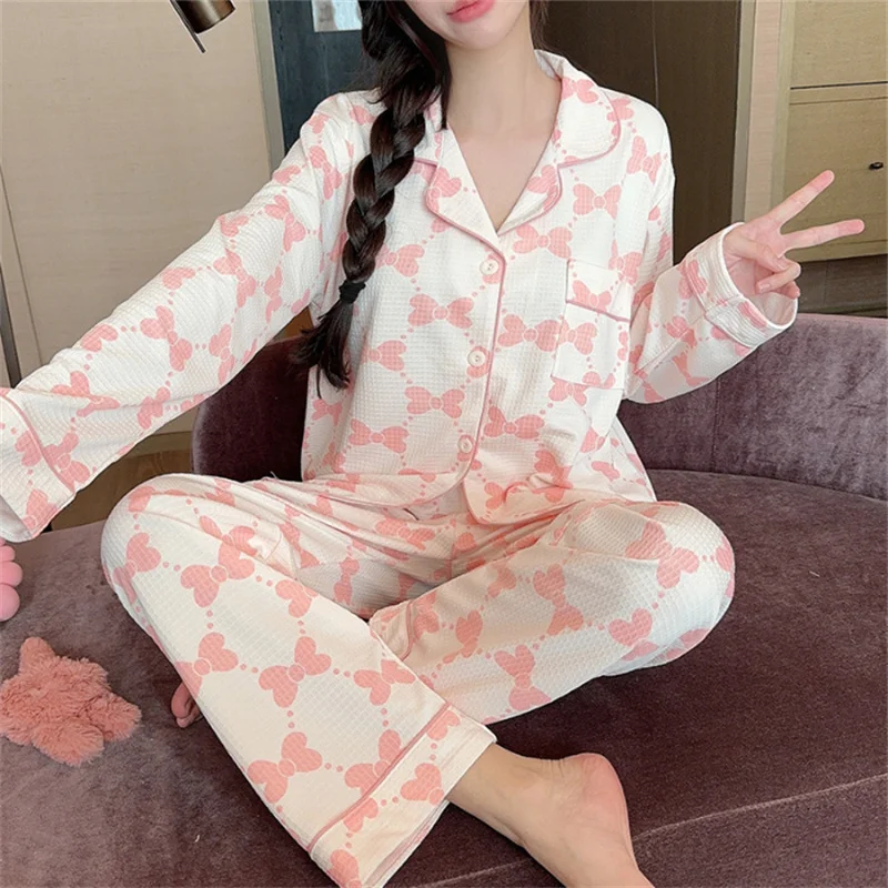 Spring Autumn Women's Waffle Jacquard Pajamas Lapel Long Sleeve Cardigan Pants Casual Home Clothing Set Sweet Cute Sleepwear