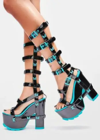 Woman Black Blue Mixed Color Patent Leather Butterfly Decor Thick Soled Platform Knee High Sandals Boots Gladiator Long Boots