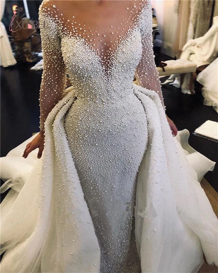 

Hot Luxury Mermaid Wedding Dresses With Detachable Train Full Pearl Beaded Long Sleeves Saudi Arabic Plus Size Bridal Gown