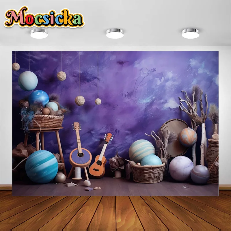 

Children's Portrait Photography Backdrop Purple Deep Universe Theme Planets Backgrounds Photo Booth Props Cake Smash Decoration