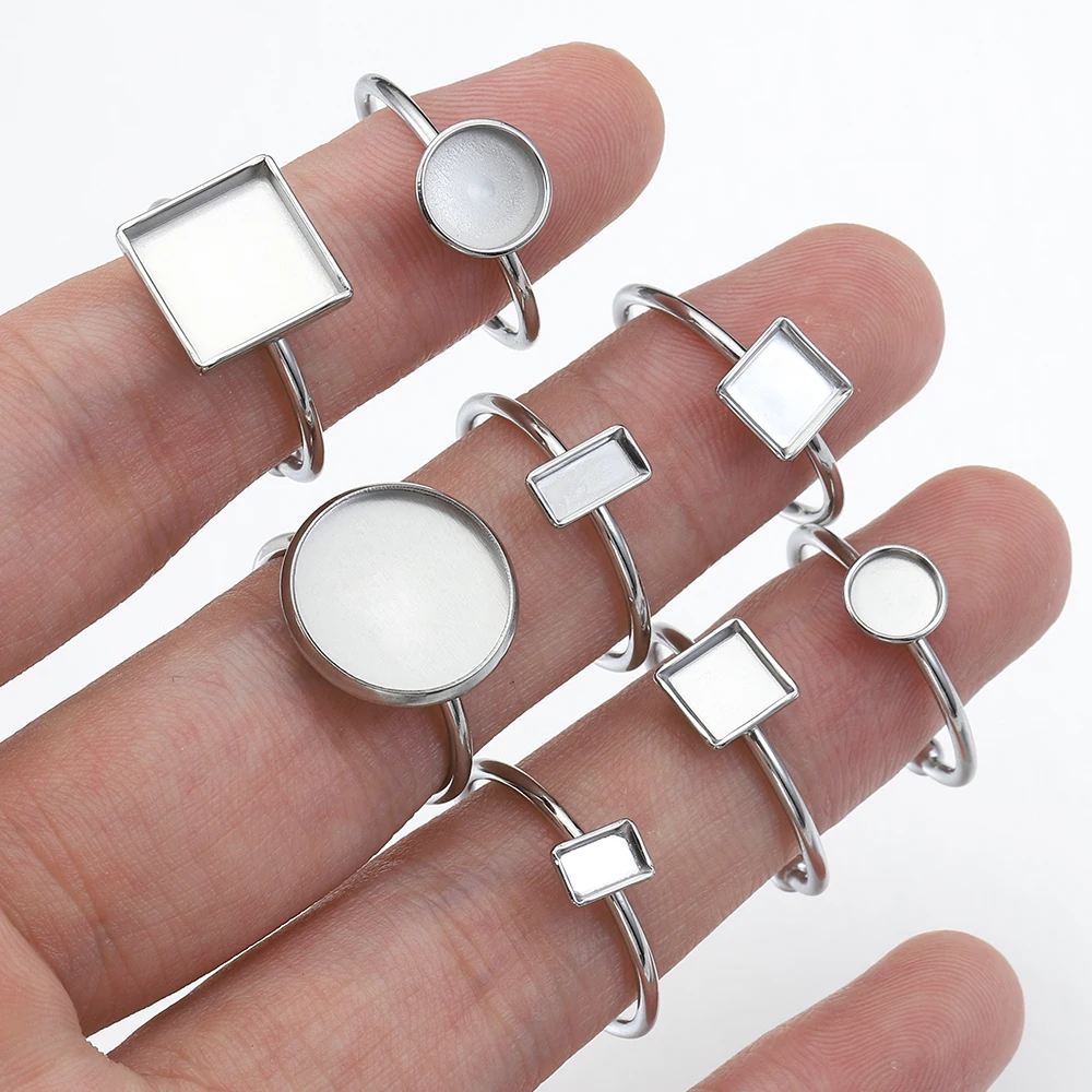 10 stücke verstellbare Edelstahl offene Ring Einstellungen leere Basis Lünette Cabochons Ringe für Schmuck machen DIY Fingerring leer – Detail 1
