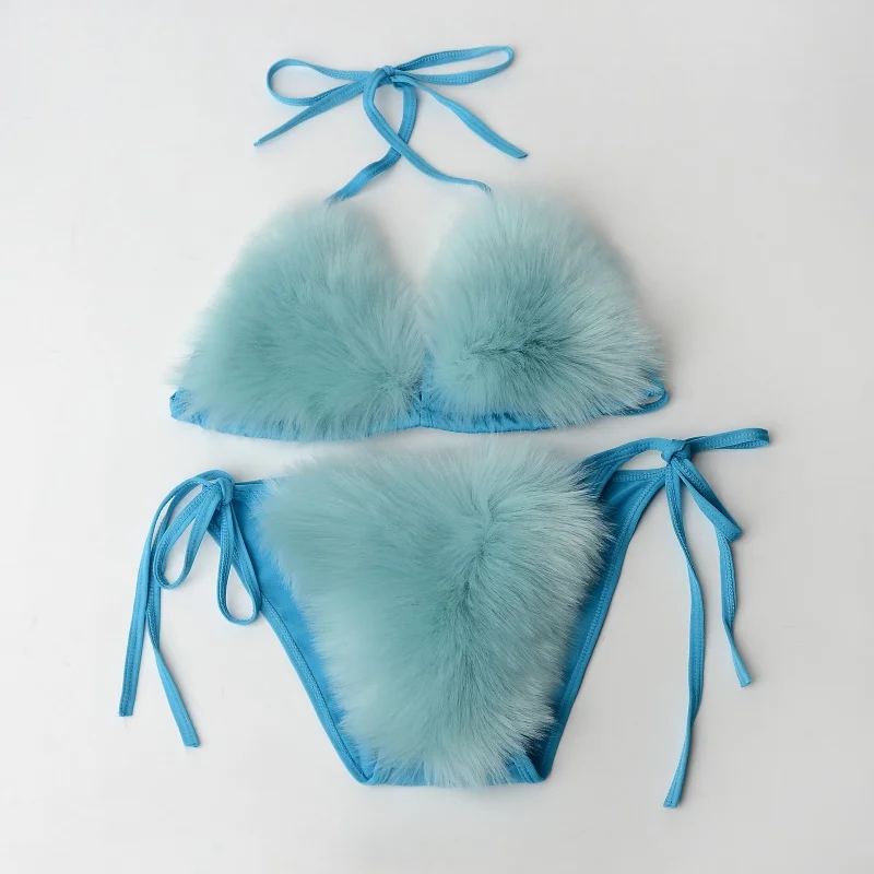 European and American new swimwear plush swimsuit sexy fashion WOMEN'S split pure color bikini