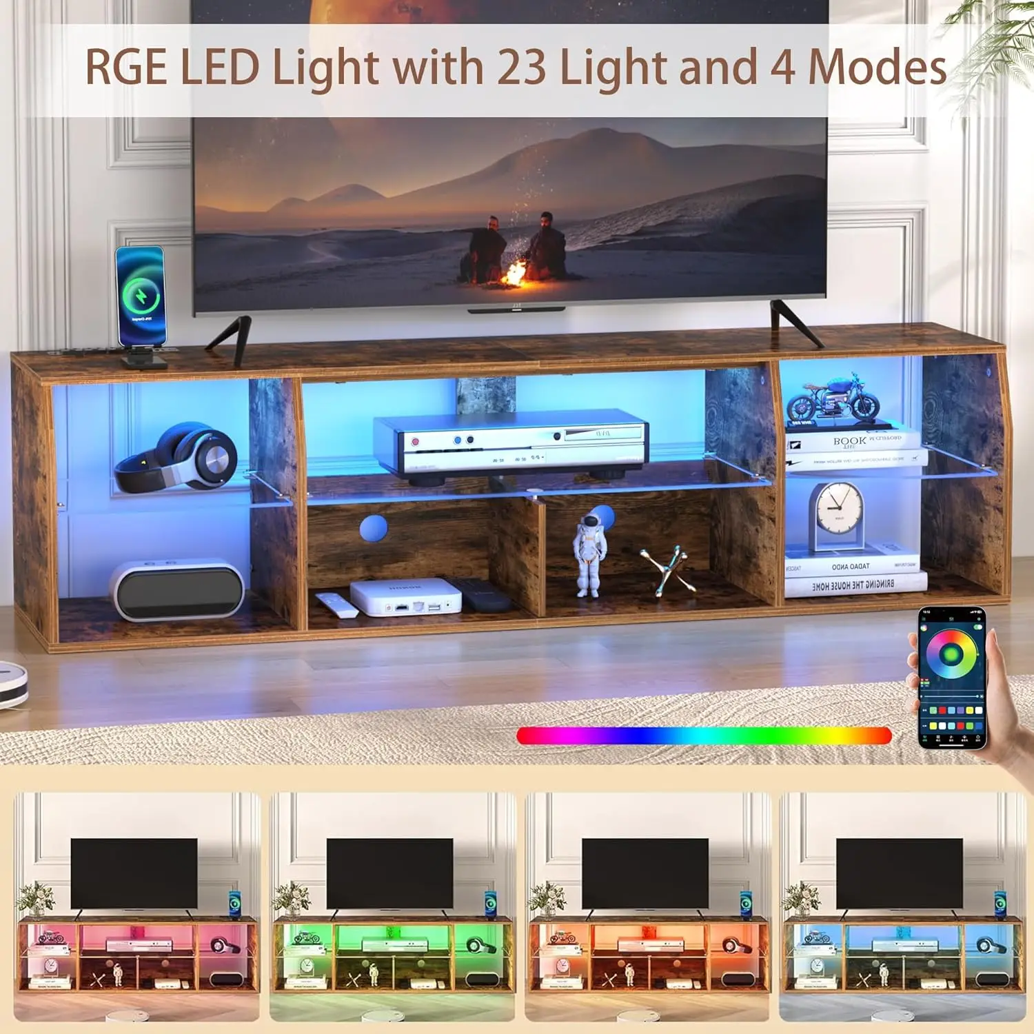 LED TV Stand, 70" Gaming Entertainment Center, 7 Open Shelves, Industrial Cabinet, Living Room, Bedroom, Retro Brown