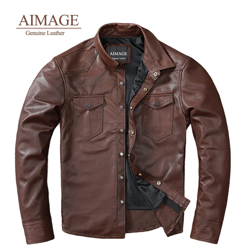 

AIMAGE Sheepskin Real Leather Jackets Slim Fit Jaqueta De Couro Masculino Button Stylish Casco Moto Uomo Pockets chaquetas PY433