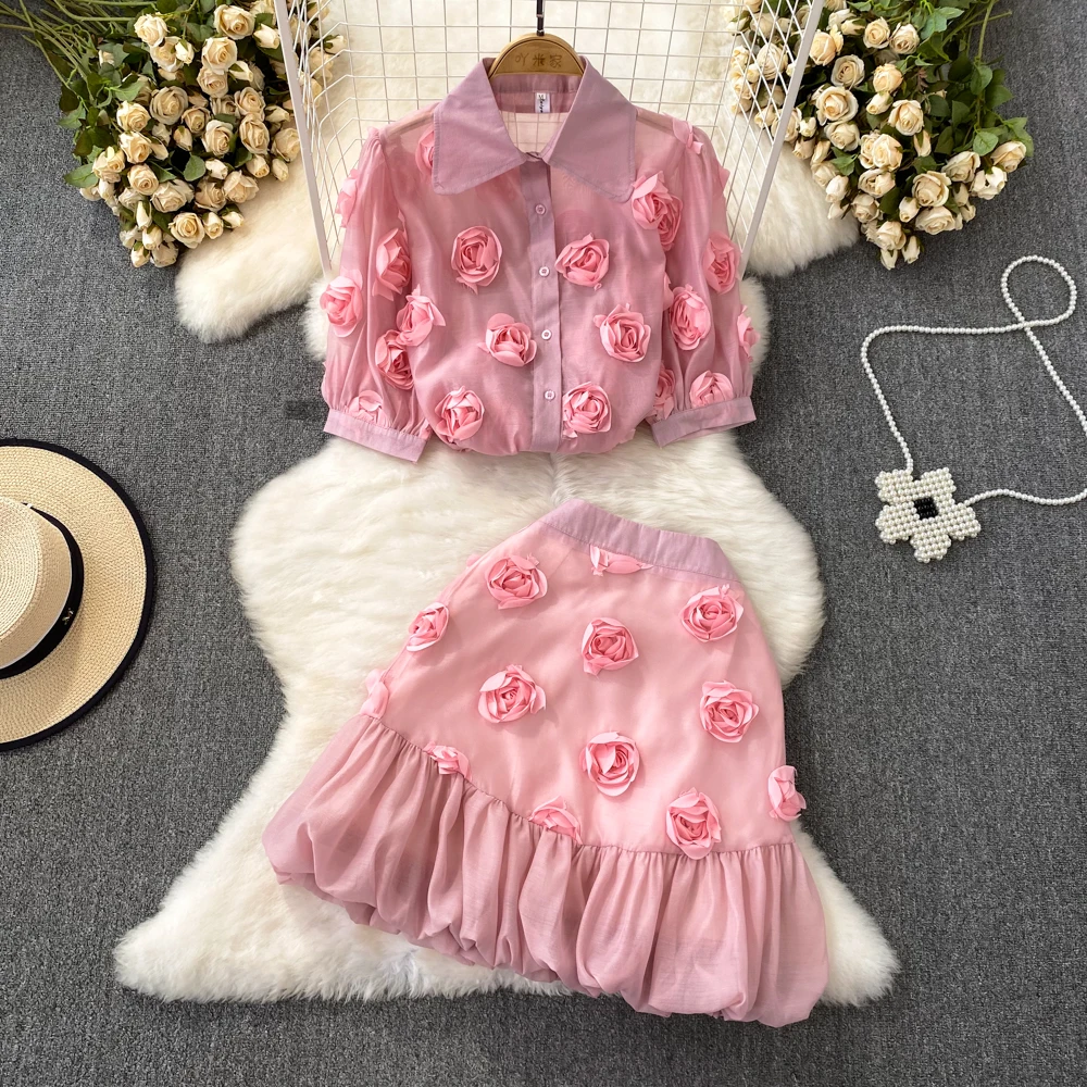 Summer Runway 2 Pieces Suit Women's Lapel Puff Sleeve 3D Applique Flower Pink Blouses and Mini Ruffles Skirt Set Clothing N8698 pink women pants blazer suits set notch lapel women pantsuits jacket pants custom made