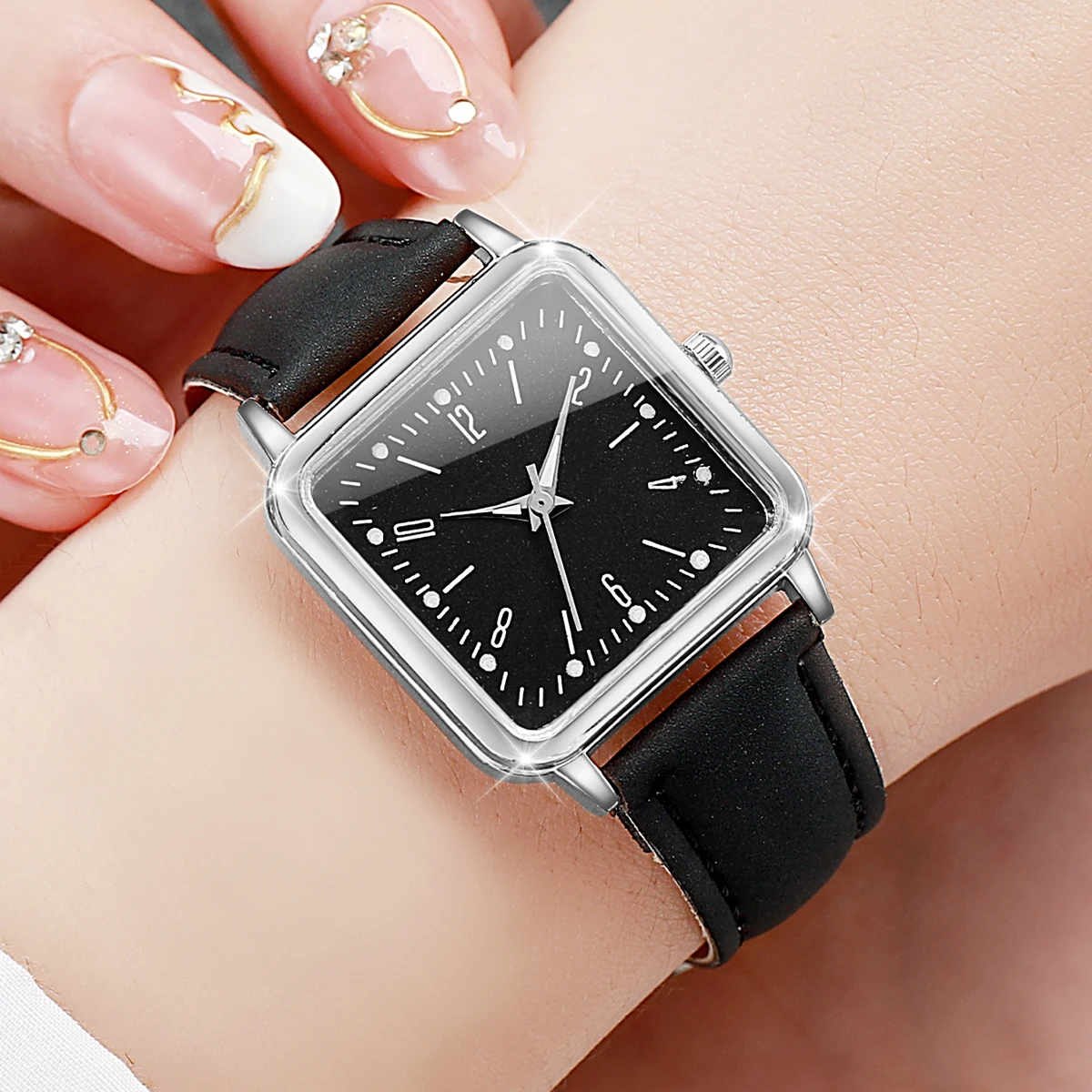 2PCS/Set Women's Fashion Watch Simple Square Dial Leather Watch 3