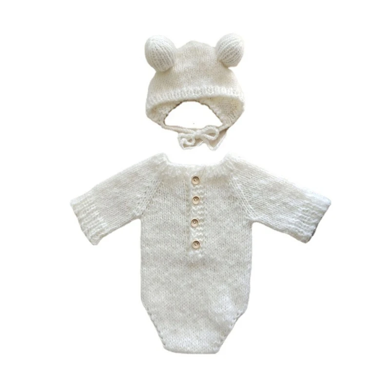 

2 Pcs Newborn Photography Props Crochet Outfit Baby Romper Hat Set Infants Photo Knit Bear Ears