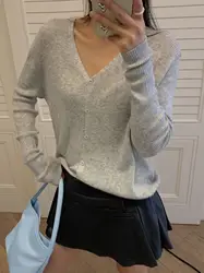 Spring and Autumn Women's Clothes Casual V-Neck Long Sleeve Sweater Striped Knitted Cardigan Coat 2024