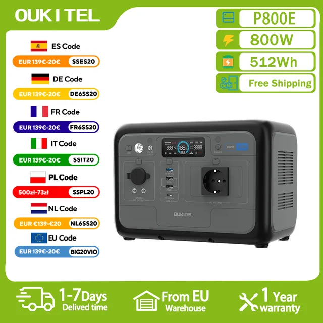 Station d'alimentation portable OUKITEL P800E, générateur solaire 800W, batterie Lifepo4 512Wh, alimentation de secours pour la maison, camping en plein air, alimentation mobile 1