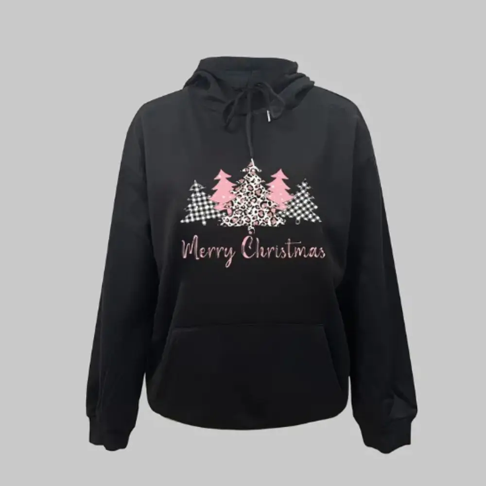Plus Size Christmas Hoodies Casual Women's Plus Tree & Slogan Print Sweatshirt Long Sleeve Drawstring Hoodies With Pockets