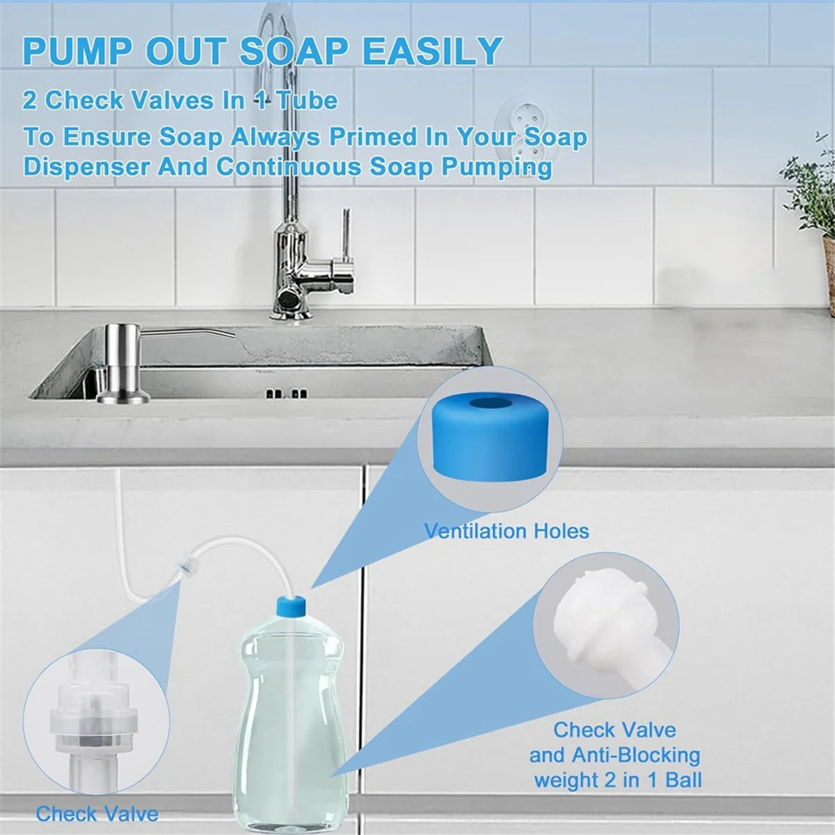 Soap Dispenser Extension Tube Kit for Kitchen Sink, 47Inch Under Sink Soap Dispenser Tube with Upgraded Check Valve 3