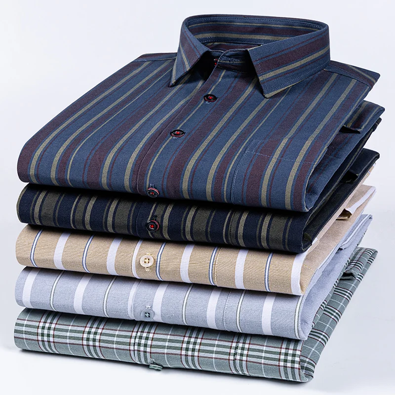 Men's Plus Size Long-Sleeve 100% Cotton Slim Fit Formal Shirt - Soft Plaid and Striped Design