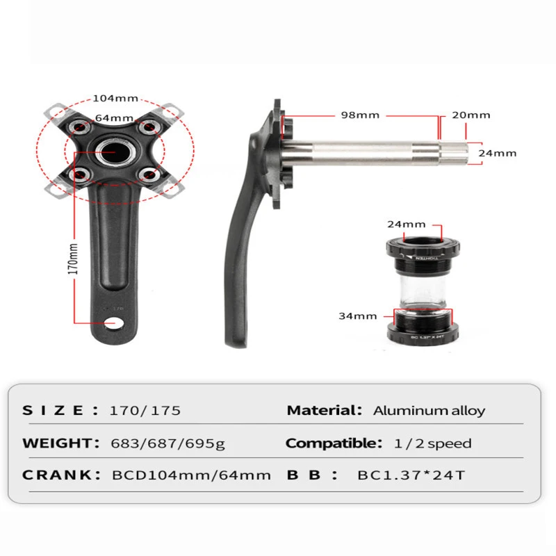 ˷̴ ձ MTB  ũũ ü , ϴ 170mm ũũ,  30, 32, 34, 36, 38, 40, 42T ÷Ʈ, 104BCD