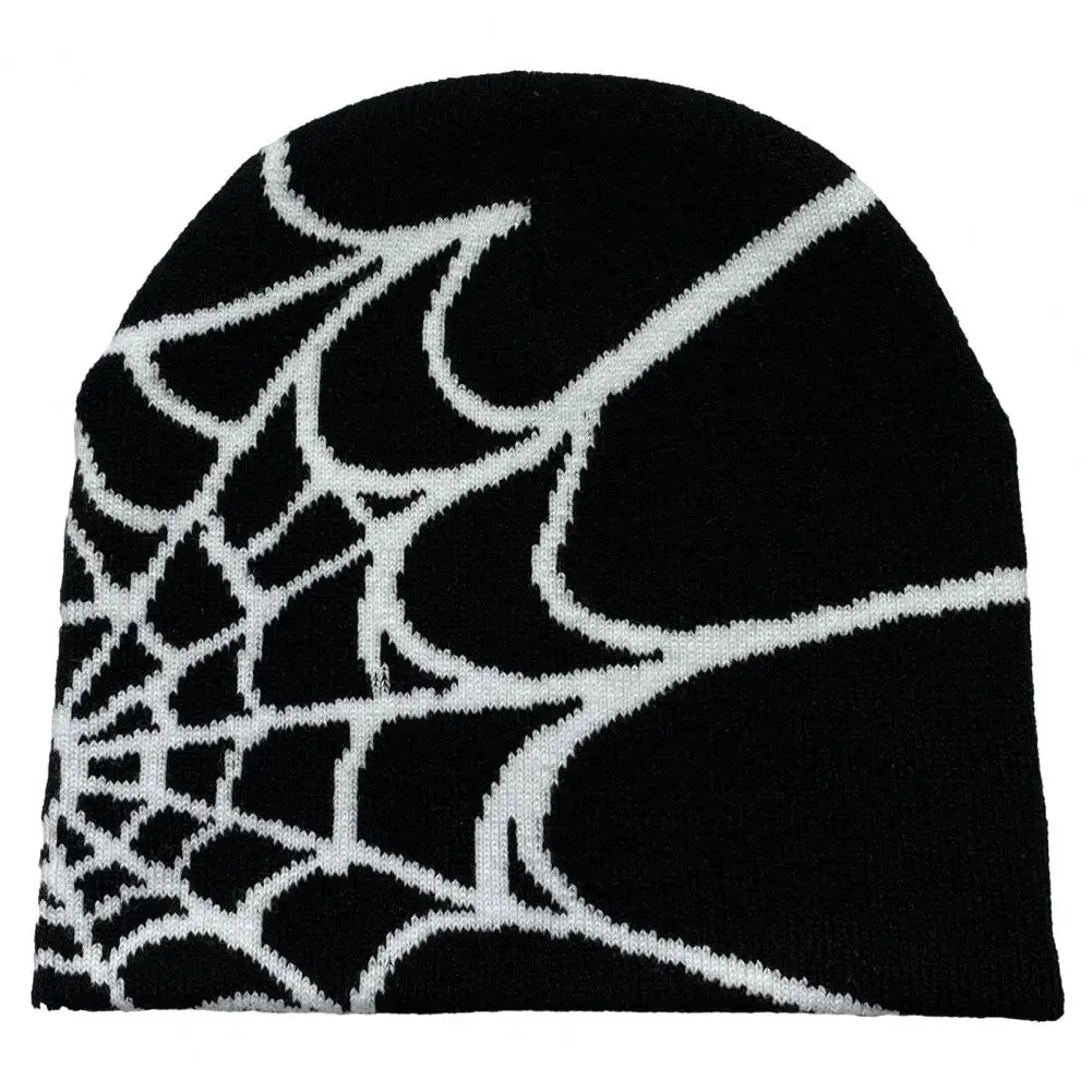 

Autumn Winter Hat Spider Web Print Knitted Unisex Beanie Hat for Halloween Party High Elasticity Resistant Outdoor Cycling Cap