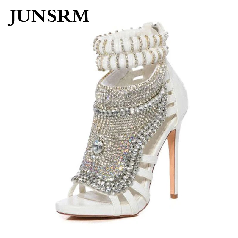 

Glitter Pearls Rome Sandals Sexy Metallic Leather Hollow Rhinestone Thin High Heels Luxury Bling Crystal Wedding Party Shoes 41