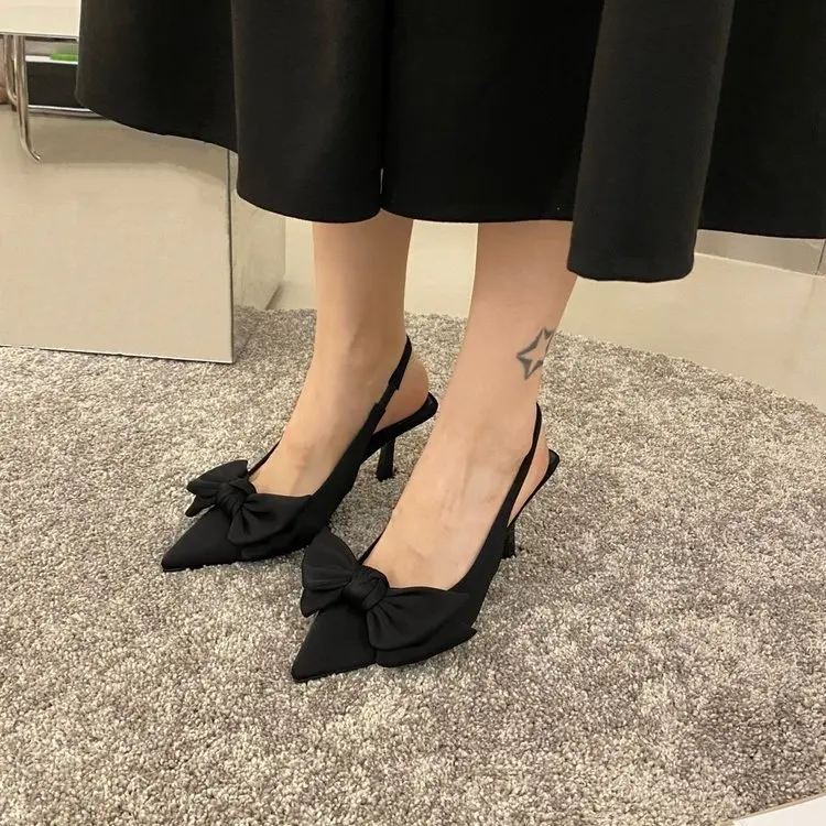 Summer New Women Pumps Fashion Bow-knot Pointed Slip on Ladies Elegant Dress Shoes Sexy High Heels Slingback Sandals for Women 2
