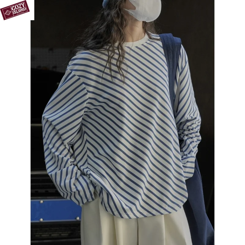 

Women Spring/summer Diagonal Striped T-shirt Casual Tops Round Neck Loose Slender Long Sleeves New Retro Pullover Shirts Tshirts