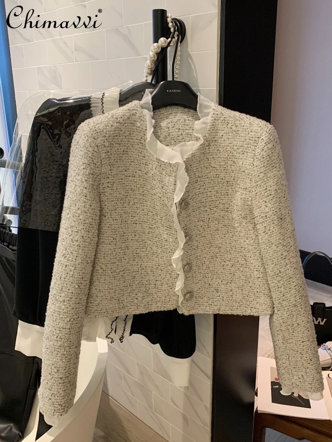 

Ruffled Stitching Long-Sleeved Coat Autumn Clothes New Fashion Tweed Ladies Single-Breasted Coats Office Lady Elegant Jackets