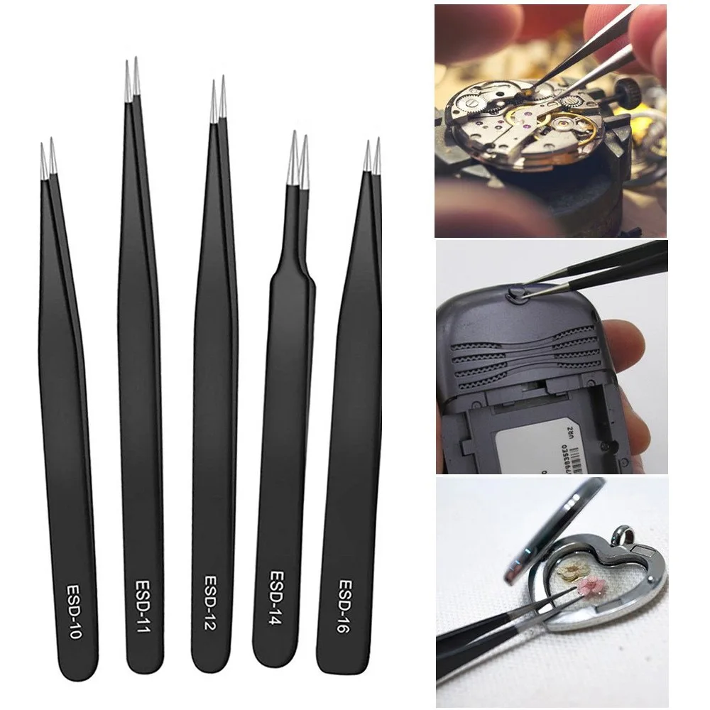 Precision Tweezers Set ESD Anti-Static Stainless Steel Tweezers Repair Tools for Electronics Repair Soldering Craft