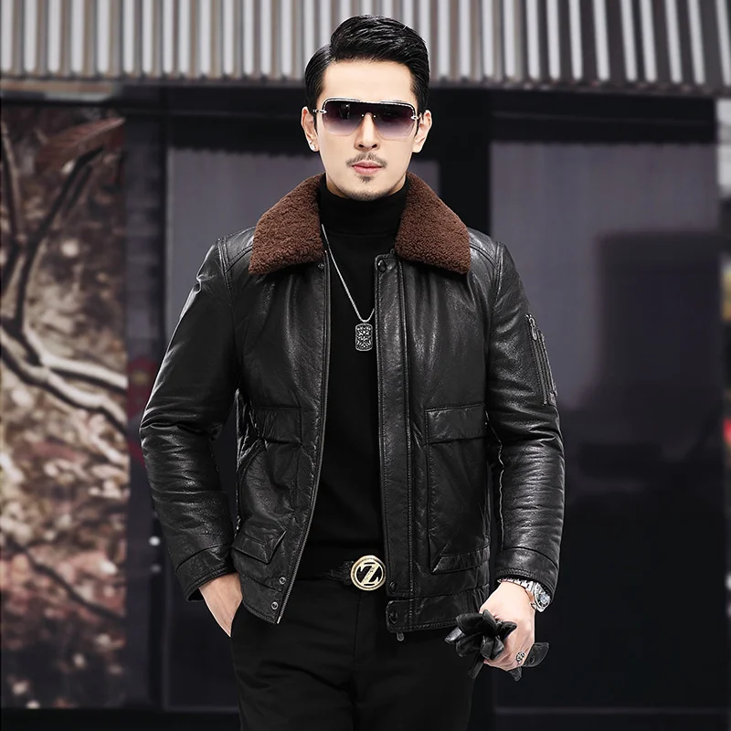 

Warm Leather Coat Men's Winter Cowhide Jacket Youth Filled White Goose Down Woolen Lapel 4XL