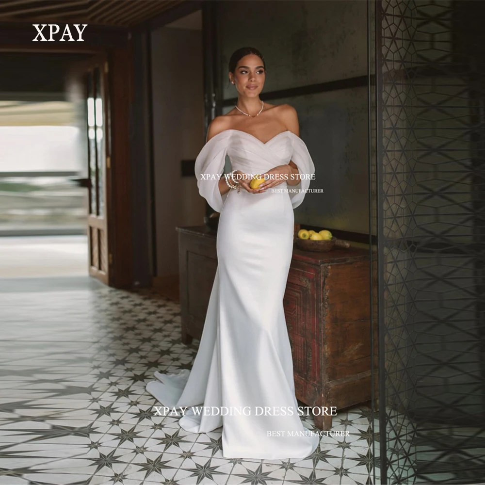 

XPAY Simple Off the Shoulder Mermaid Wedding Dresses 2024 Sleeves Sweep Train Stretch Organza Bridal Gowns Robe de mariage