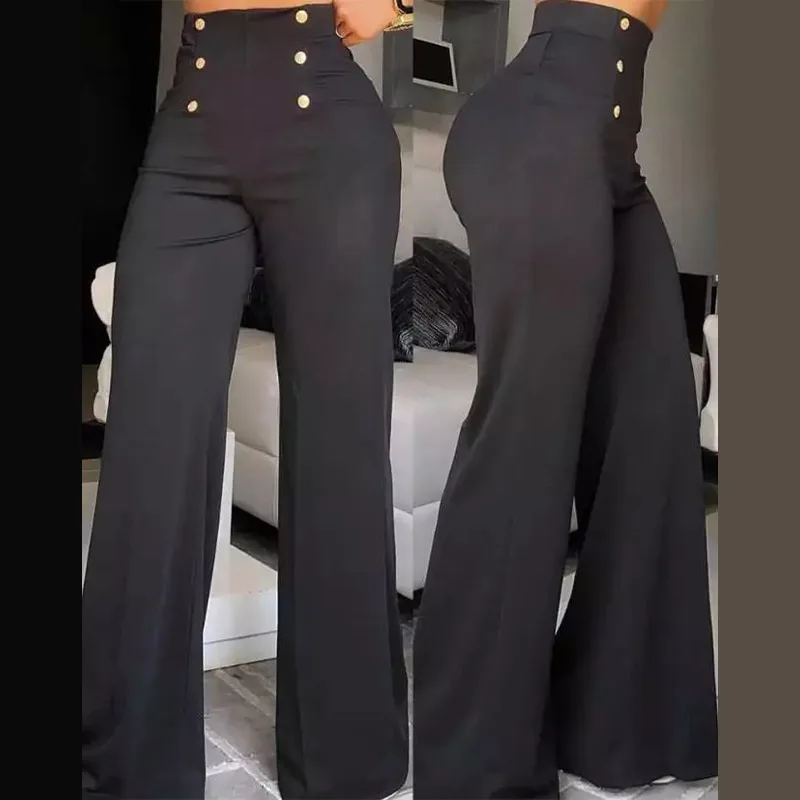 thumbnail image 1 of Pantalones elegantes de oficina de pierna ancha, de moda, informales, con parche de malla transparente entrecruzado, de cintura alta, acampanados para mujer, ropa de calle Y2k 2024, 1 of 4
