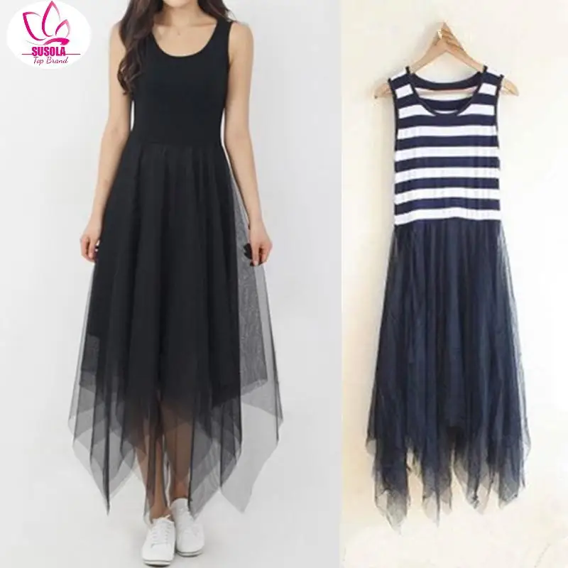

SUSOLA Sleeveless Mesh Striped Basic Spaghetti Strap Dress for Women Lady Spring Tulle Elastic Lace Vest Summer Dress Female