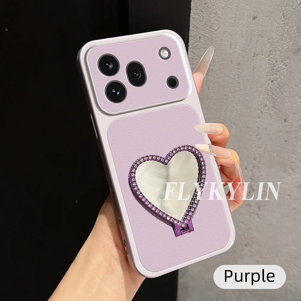 Litchi Skin Shock-Absorbing Phone Case with Heart-Shaped Mirror Holder