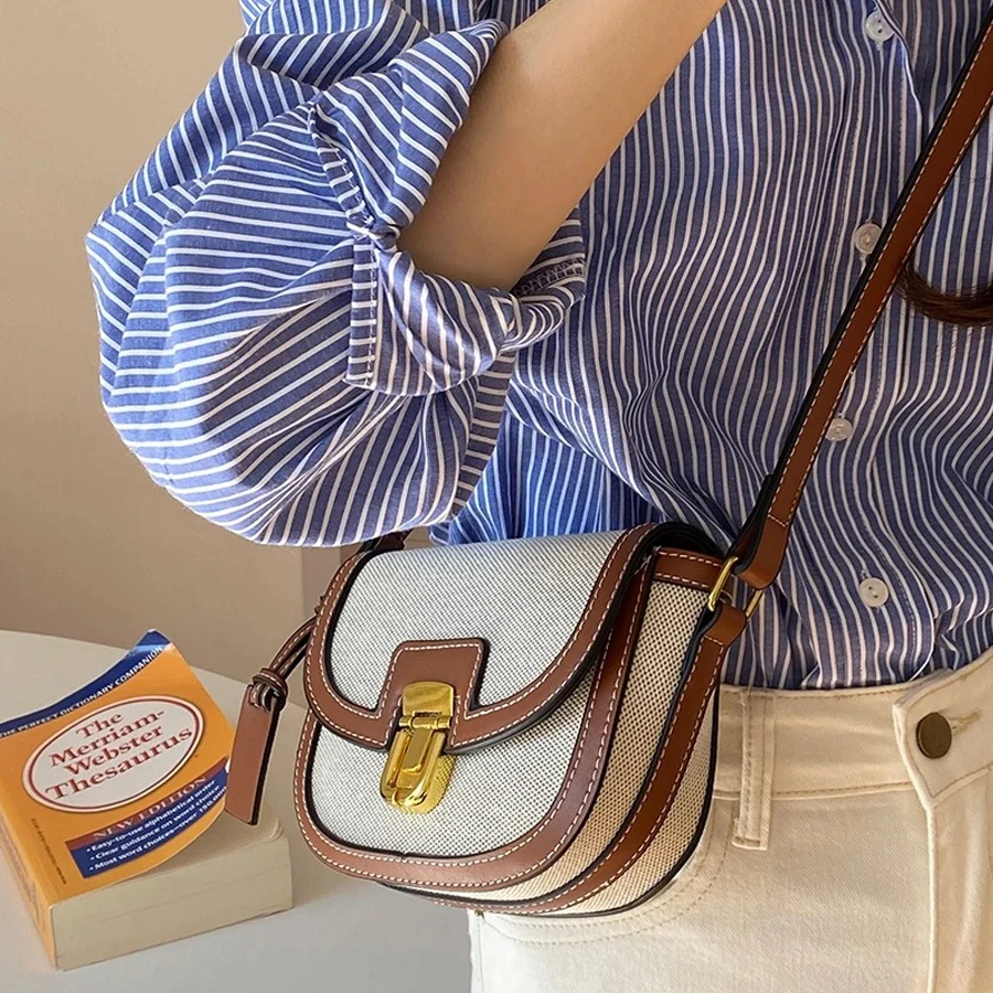 Piccola borsa a tracolla con pannello a contrasto in tela retrò, con una spalla, borsa a tracolla, borsa da sella, borsa da donna, portafoglio vintage_voghion.com