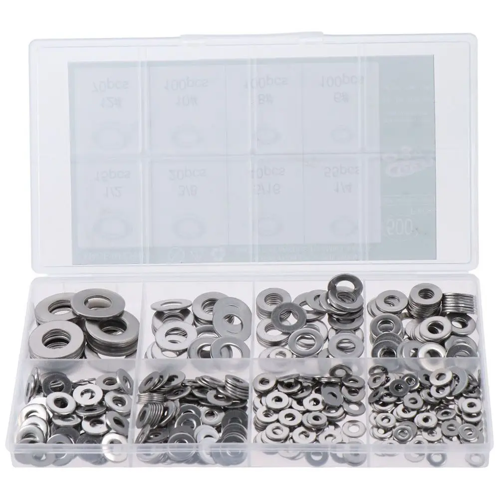 

500Pcs 304 Stainless Steel Flat Washers 8 Sizes 1/2" 3/8" 5/16" 1/4" #12 #10 #8 #6 Washers for Screw Bolt Metric Washers Set