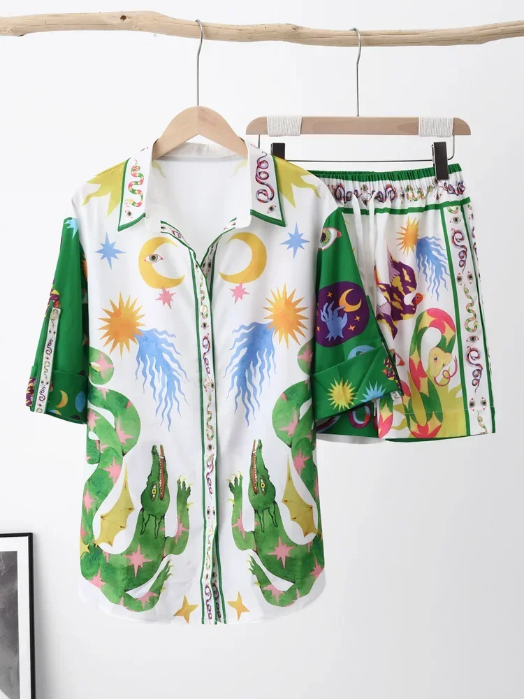 2024 Summer Print Women Shirt Shorts Sets  Beach Holiday Casual Loose Lady Suits Short Sleeve Shirts Elastic Waist Shorts Set
