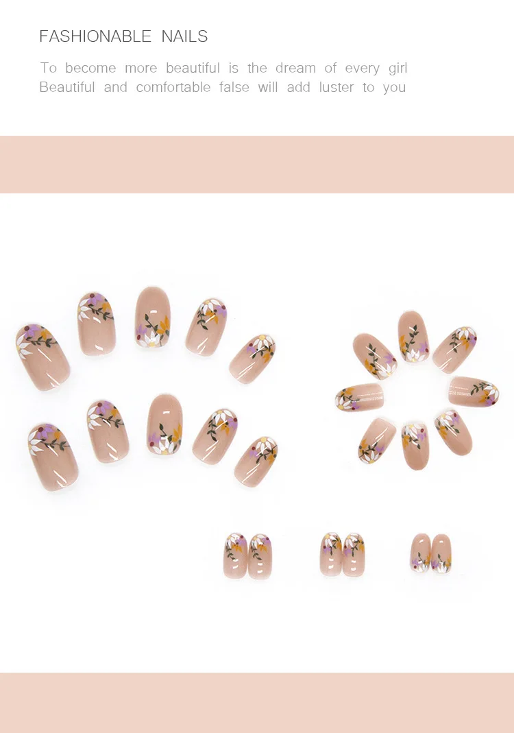 24Pcs Short Round Head Purple Flower Press-On Nails