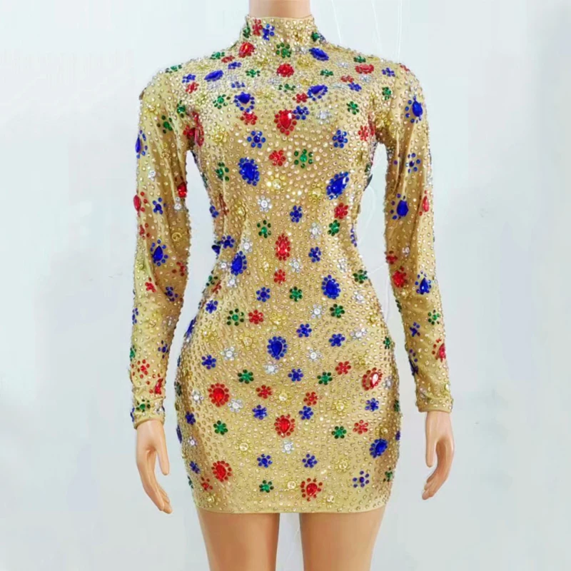

Colorful Rhinestones Dress Flashing Birthday Celebrate Costume Women Evening Party Dress Stage Show Festival Outfit XS6207