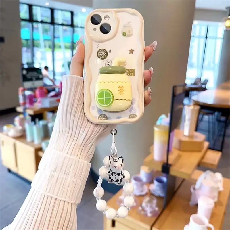 3D Pink Peach Holder Stand Bracelet Chain Case for Samsung Galaxy A34 A55 S24 Ultra S22 S23 Plus A13 A54 A53 Cover Soft Capa_voghion.com