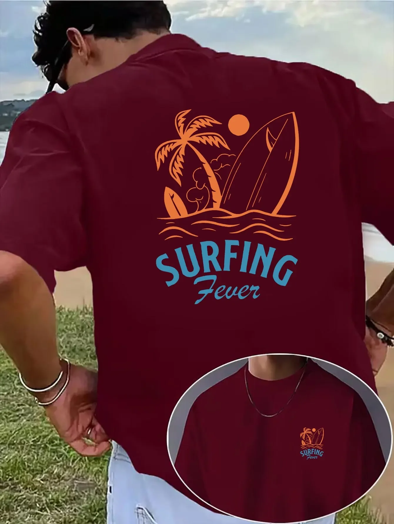 T-shirt da uomo a tema surf con motivo albero di palma e tavola da surf con scritta "Surf Craze". Camicia Estiva Casual Comoda in 100% Cotone - immagine 2