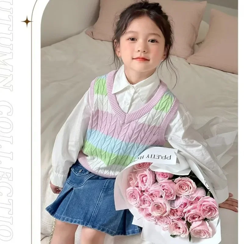어린이 용수철 민소매 어깨 조끼, 컬러 블록 레이어드 스웨터 조끼, 여아 용, 가을 신상 스타일