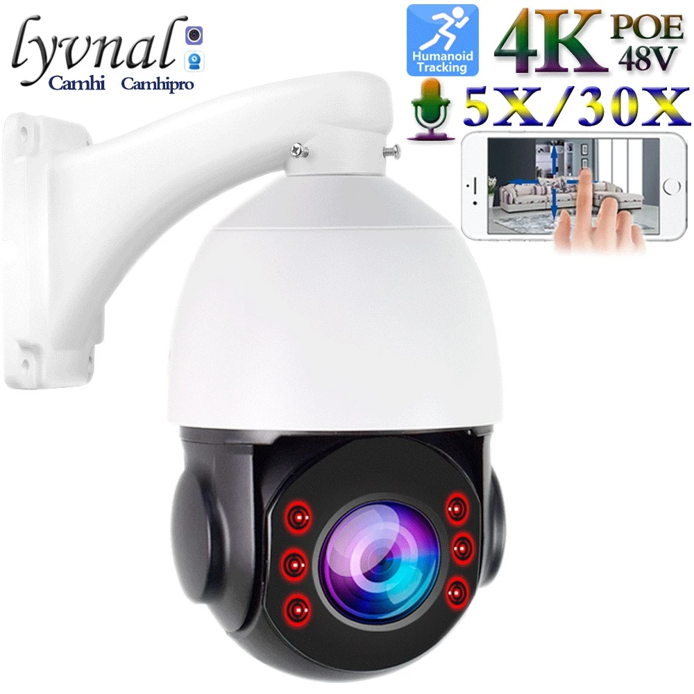 Surveillance IP Camera POE 48V UHD 4K 8MP PTZ Dome 5X 30X Auto Zoom 5MP Two Way Audio SD Card Slot Humanoid Auto Tracking IR 80m security cameras