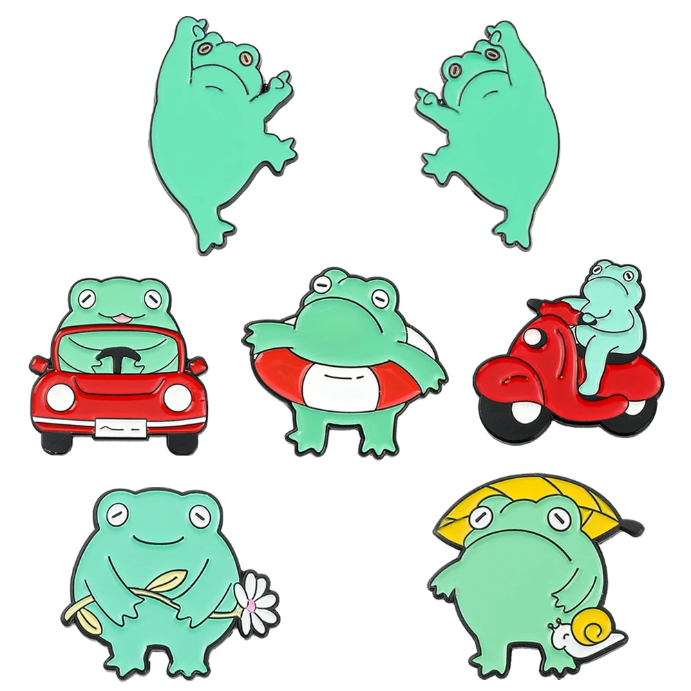 Cartoon Cute Animal Frog Smalto Pins Mini Car Swimring Flower Dito Medio Rana Divertente Spilla In Lega Abbigliamento Zaino Accessori
