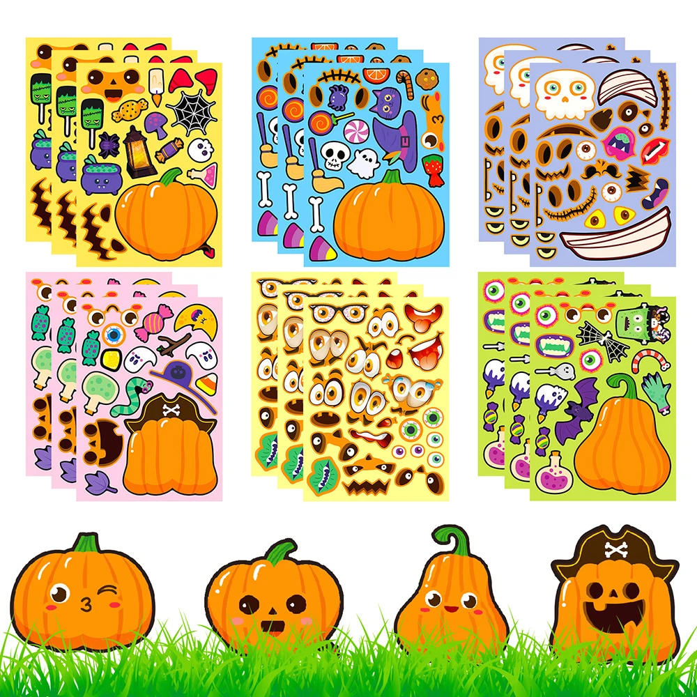 

6/12Sheets Cartoon Halloween Pumpkin Make-a-face Puzzles Varied Graffiti Stickers Pack for Kid Notebook Laptop Decoration Decals