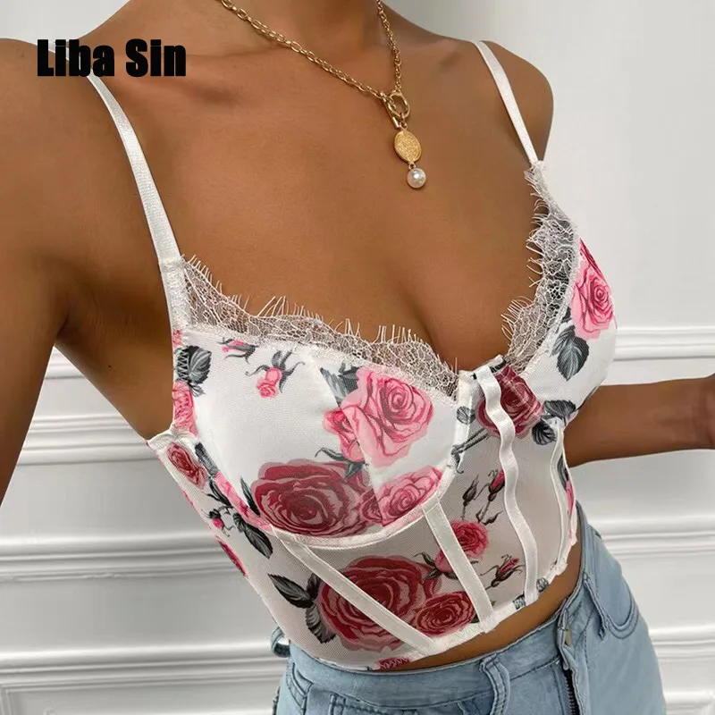 

Liba Sin Summer Women Short Printed Lace Mesh Vest With Strap Wrapped Chest Sexy Backless V-neck Tops