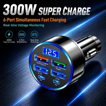 Caricabatterie per Auto 300W a 6 Porte con Doppia Porta Type-C PD QC3.0, Display Digitale, Ricarica Rapida per Smartphone, Tablet e Power Bank, Nero