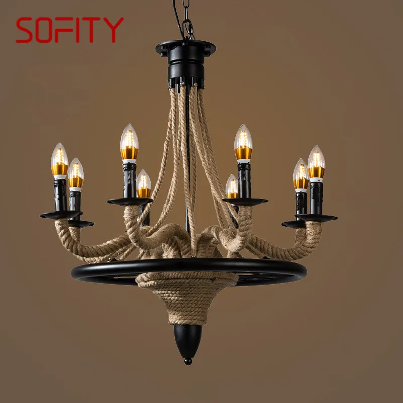 

SOFITY American Style Retrohemp Rope Chandelier Nostalgic Loft Industrial Style Internet Cafe Restaurant Hot Pot Shop Pendant