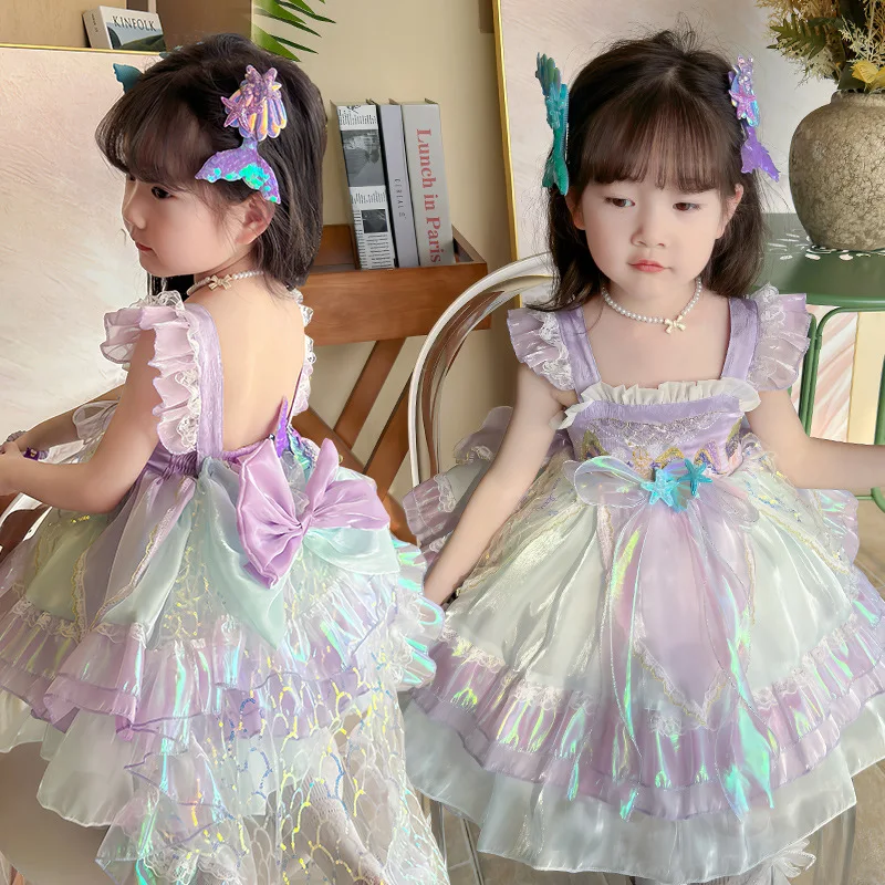 Summer new fashion little girl mermaid Lolita Princess baby bow suspender dress