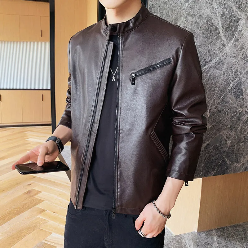 Biker PU Leather Baseball Jacket Plus Size Leather Mens Leather Jackets Casual Jackets  Slim Handsome Black Coffee Red Clothing