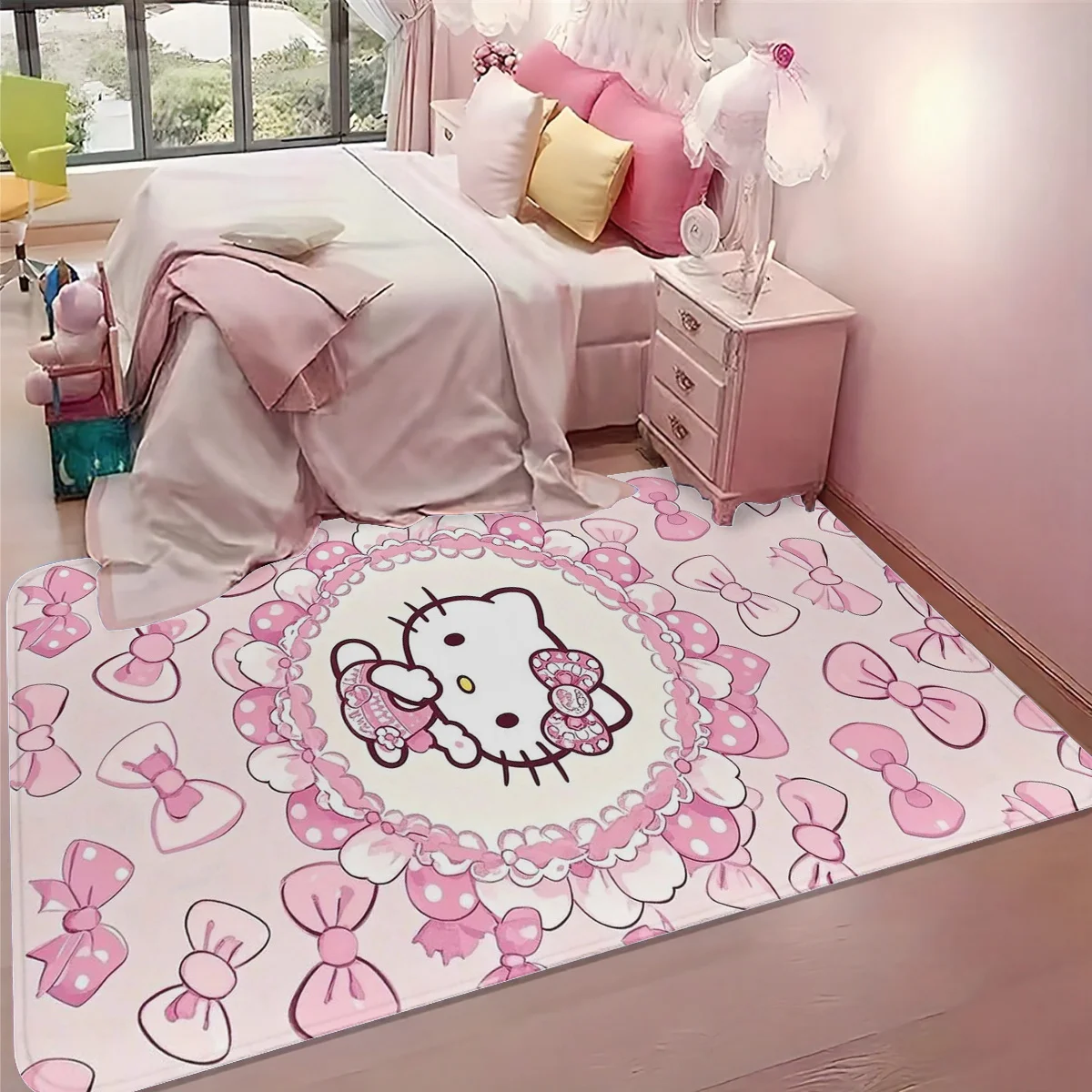 1pc 산리오 헬로 키티 패밀리 패턴 빈티지 거실 대형 러그, 바닥 매트, 베이 윈도우 커피 테이블 카펫, 홈 데코