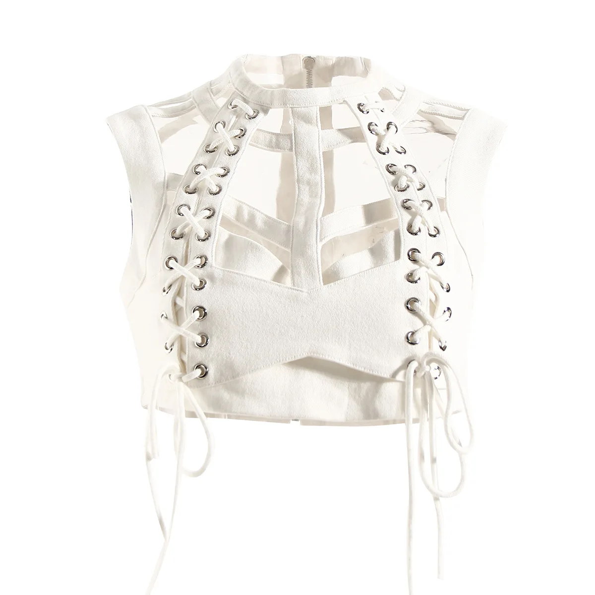 Two Piece Set Women Sleeveless Sexy Bandage Denim Crop Tops+White Cutout Pencil Jeans Pants