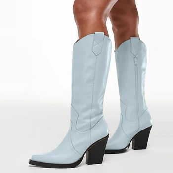 Knee High Boots Women New 2023 Winter Autumn Western Cowboy Boots Female Fashion Wedges Heels Blue Green Shoes Ladies Large Size 4
