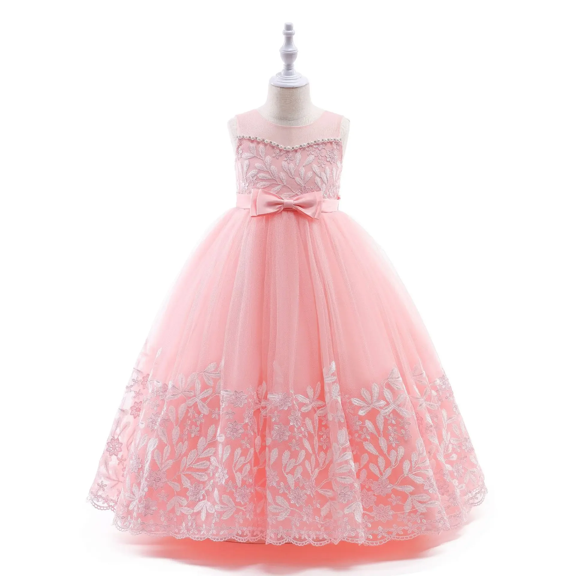 

4-12 Years Kids Wedding Bridesmaids Long Dresses Beaded Embroidery Lace Children Girls Ball Gowns Dinner Formal Occasion Evening