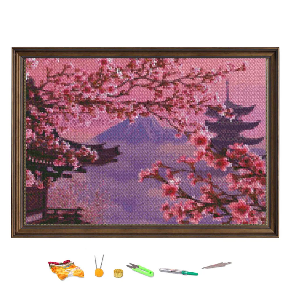 Cross Stitch Embroidery Kits The Building Under Mount Fuji 11CT Thread Painting, DIY Needlework Set Counted Printed on Canvas