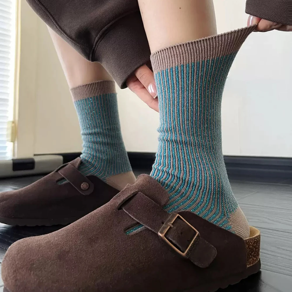 1 Paar Damen Vintage Geometrische Socken, Mittellange Socken, Doppelnadel-Doppelpfad-Design, Modische Baumwollsocken – Detail 13
